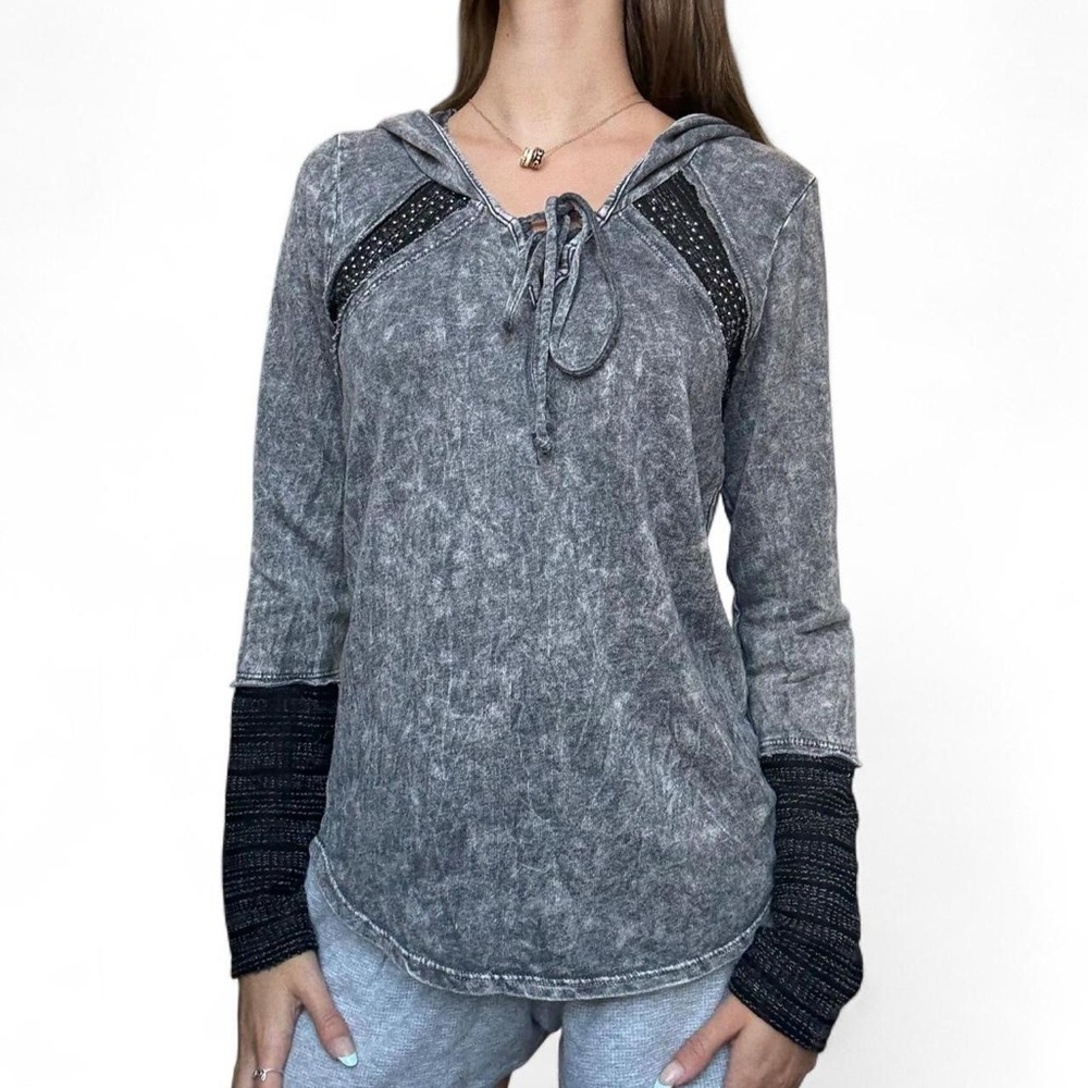 Washed Gray Hooded Lace-Up Top
